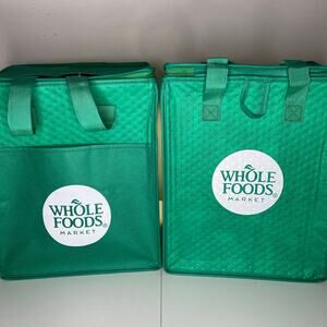 Set of 2! Whole Foods Market Green White Insulated Hot Cold Cooler Tote Bag NEW!